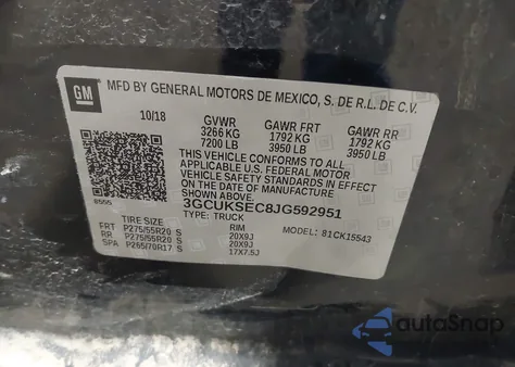 2018 Chevrolet Silverado 1500 1Lz z USA, uszkodzony, nr VIN 3GCUKSEC8JG592951